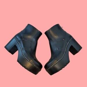 NEW Swedish Hasbeens Mikaela Black Leather Platform Clog Boots